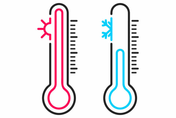 Two thermometers, a hot one with a sun symbol and a cold one with a snowflake