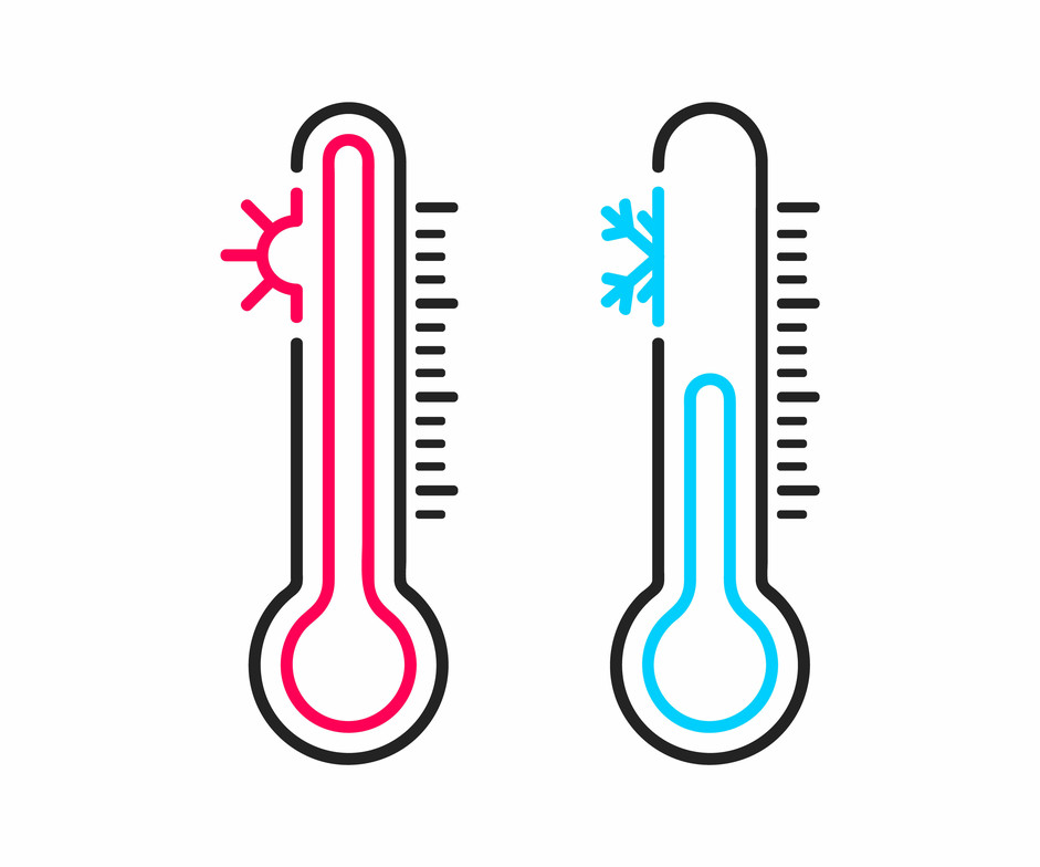 Two thermometers, a hot one with a sun symbol and a cold one with a snowflake